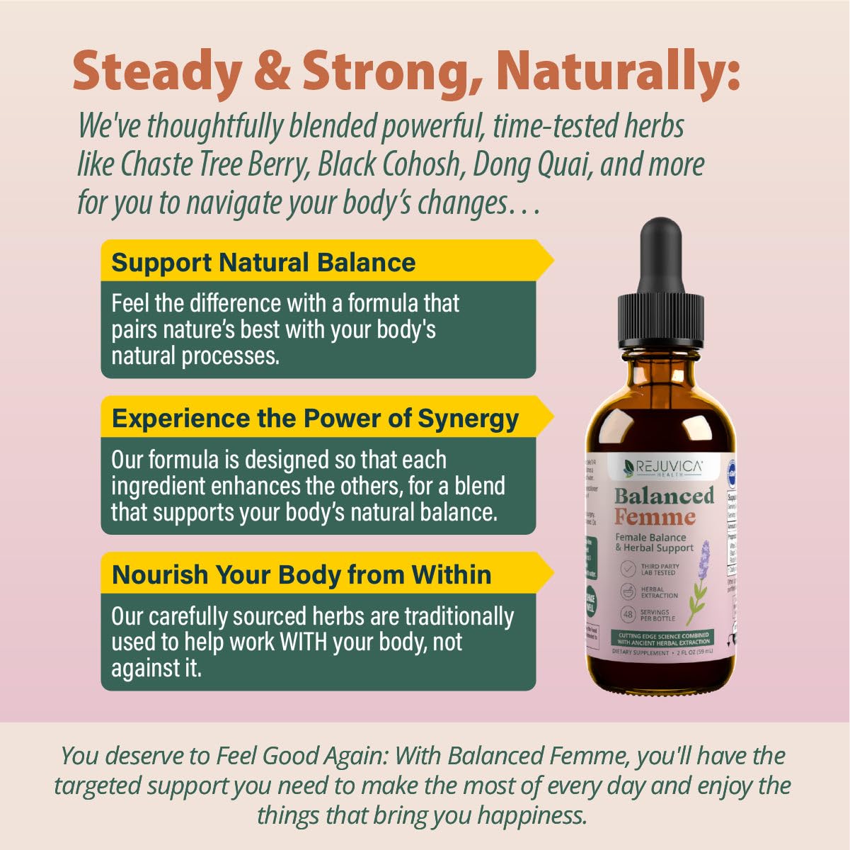 Rejuvica Health Balanced Femme herbal ingredients tray highlights Vitex, Dong Quai, Black Cohosh.