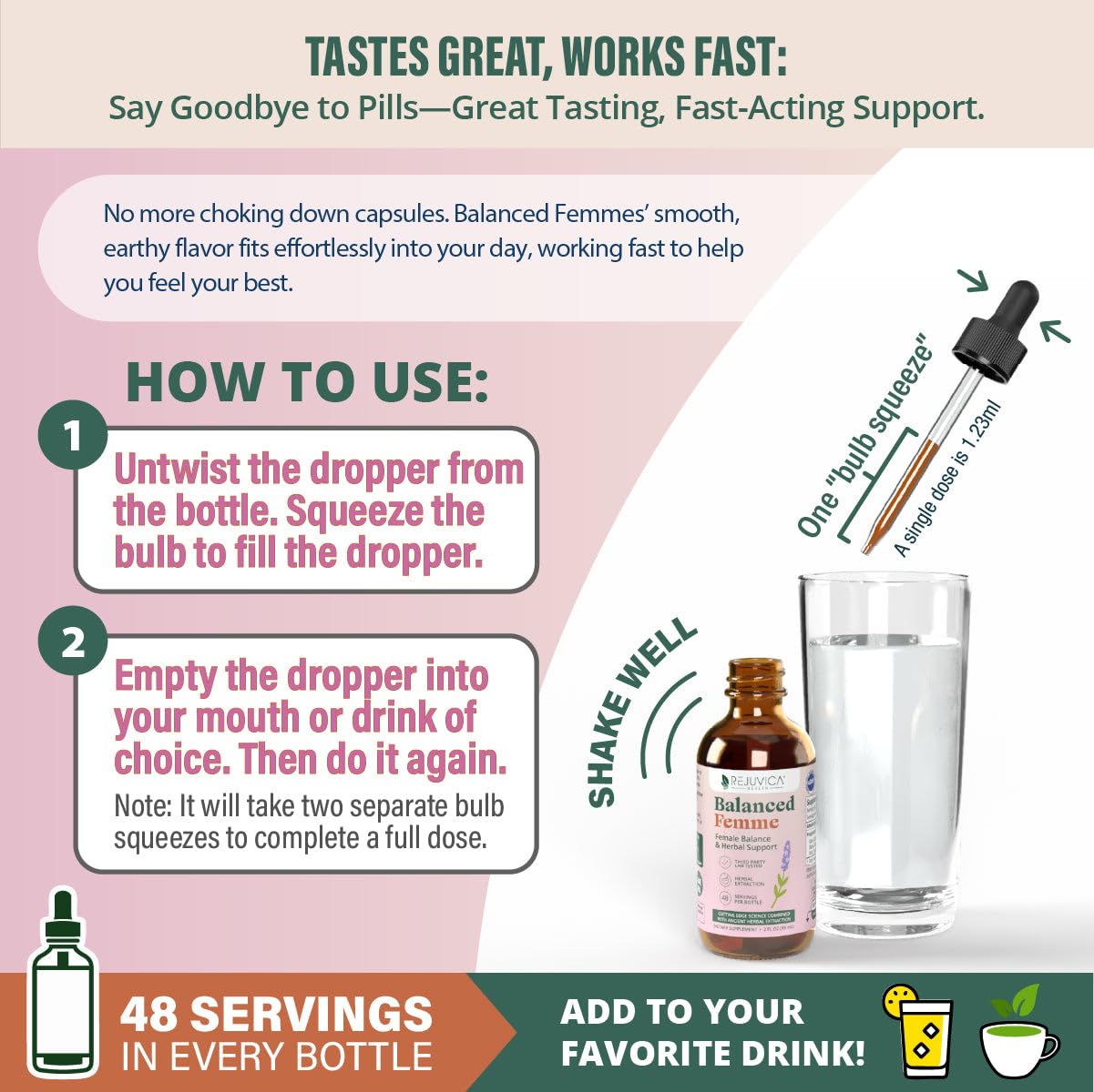 Liquid close-up of Balanced Femme illustrates rich herbal formula