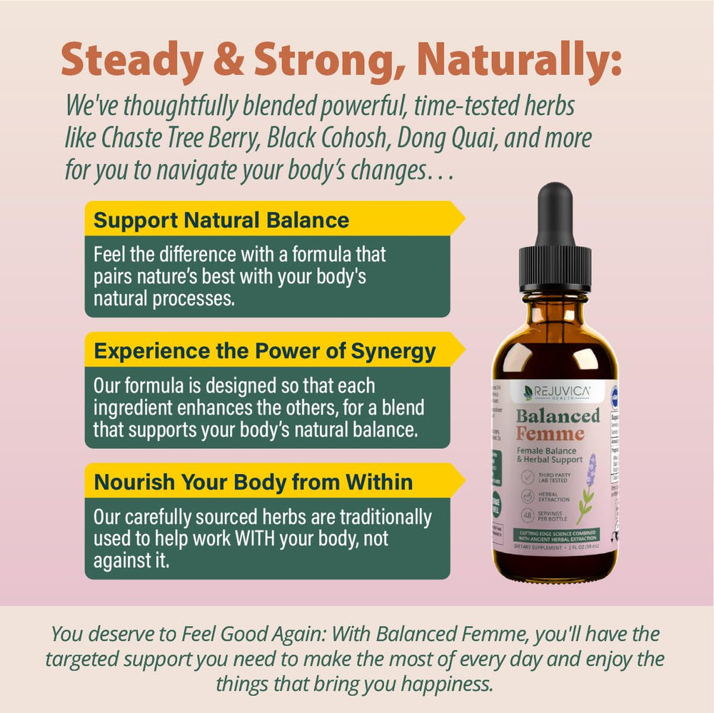 Balanced Femme packaging highlighting organic and herbal sourcing