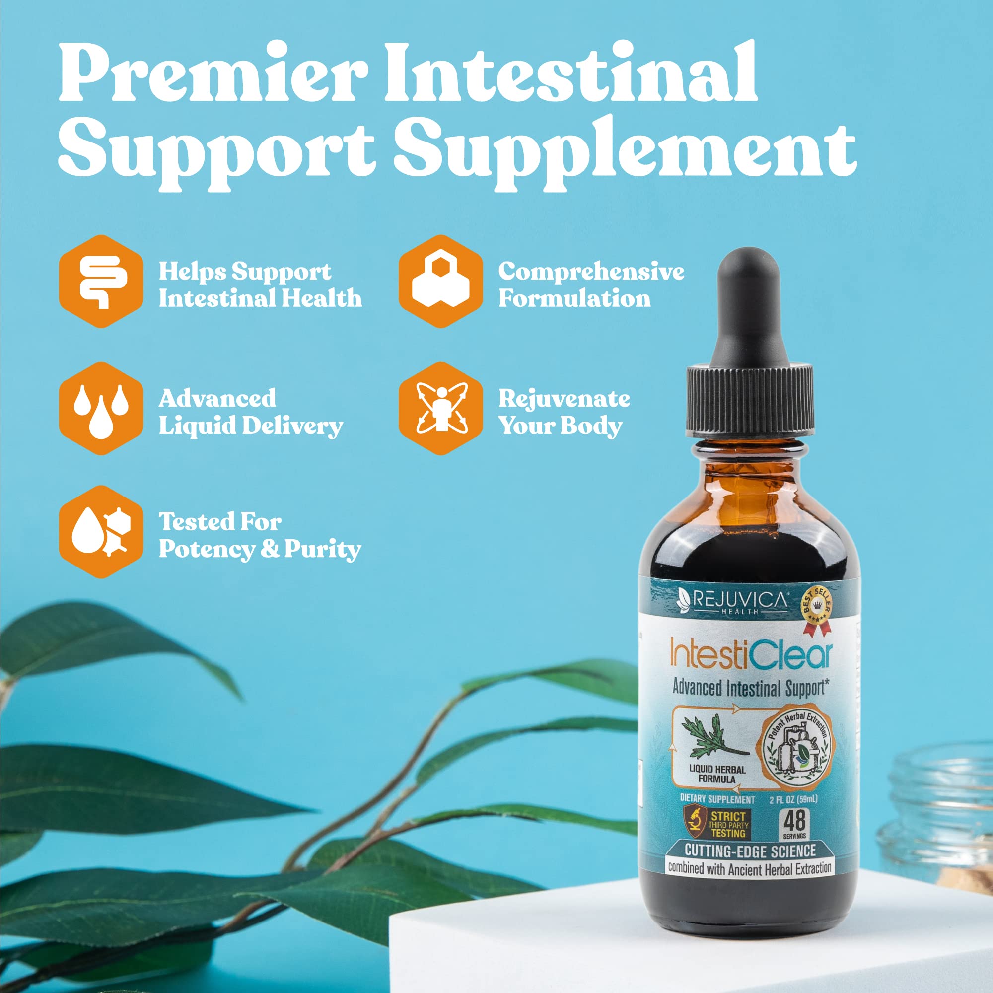 Rejuvica Health IntestiClear bottle with black walnut emphasizing digestive support