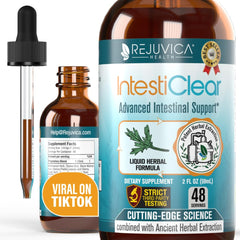 Rejuvica Health IntestiClear liquid bottle offers convenient alcohol-free support