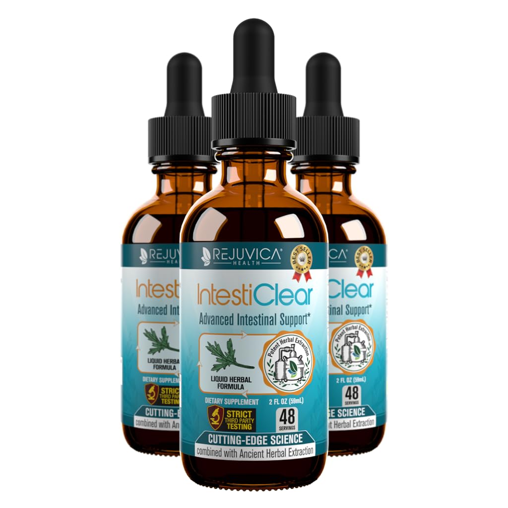 Rejuvica Health IntestiClear bottle ready for fast-absorbing herbal cleanse.