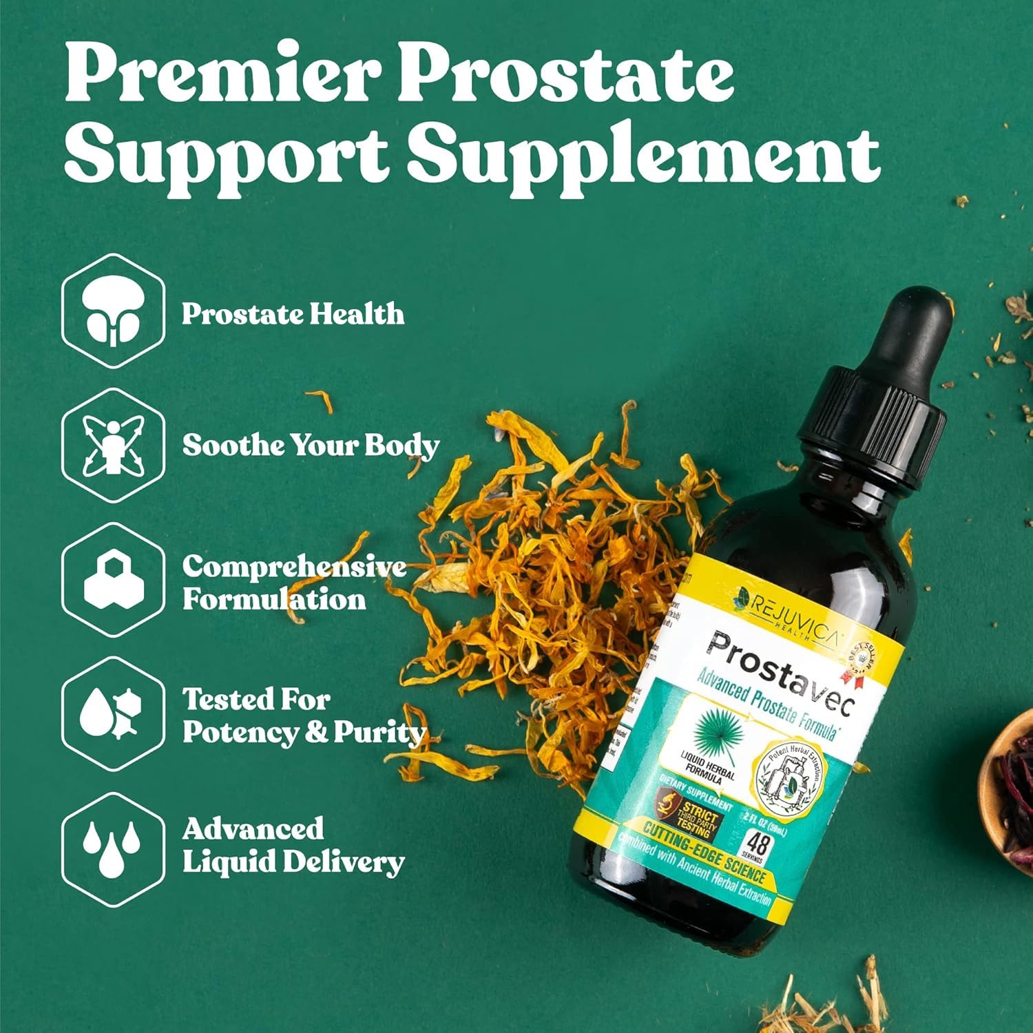 Rejuvica Health Prostavec liquid drops ready for fast absorption.