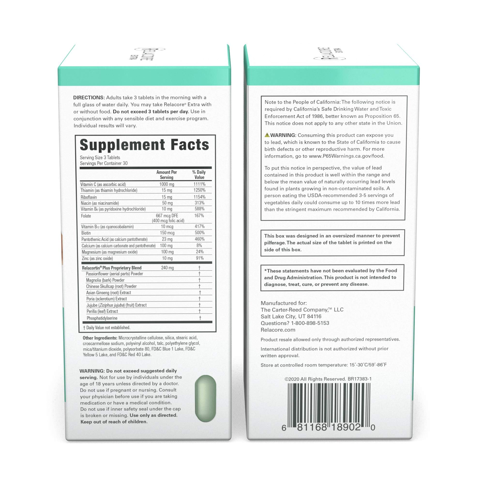 Relacore Extra label detail, featuring immune support and mood balance ingredients.