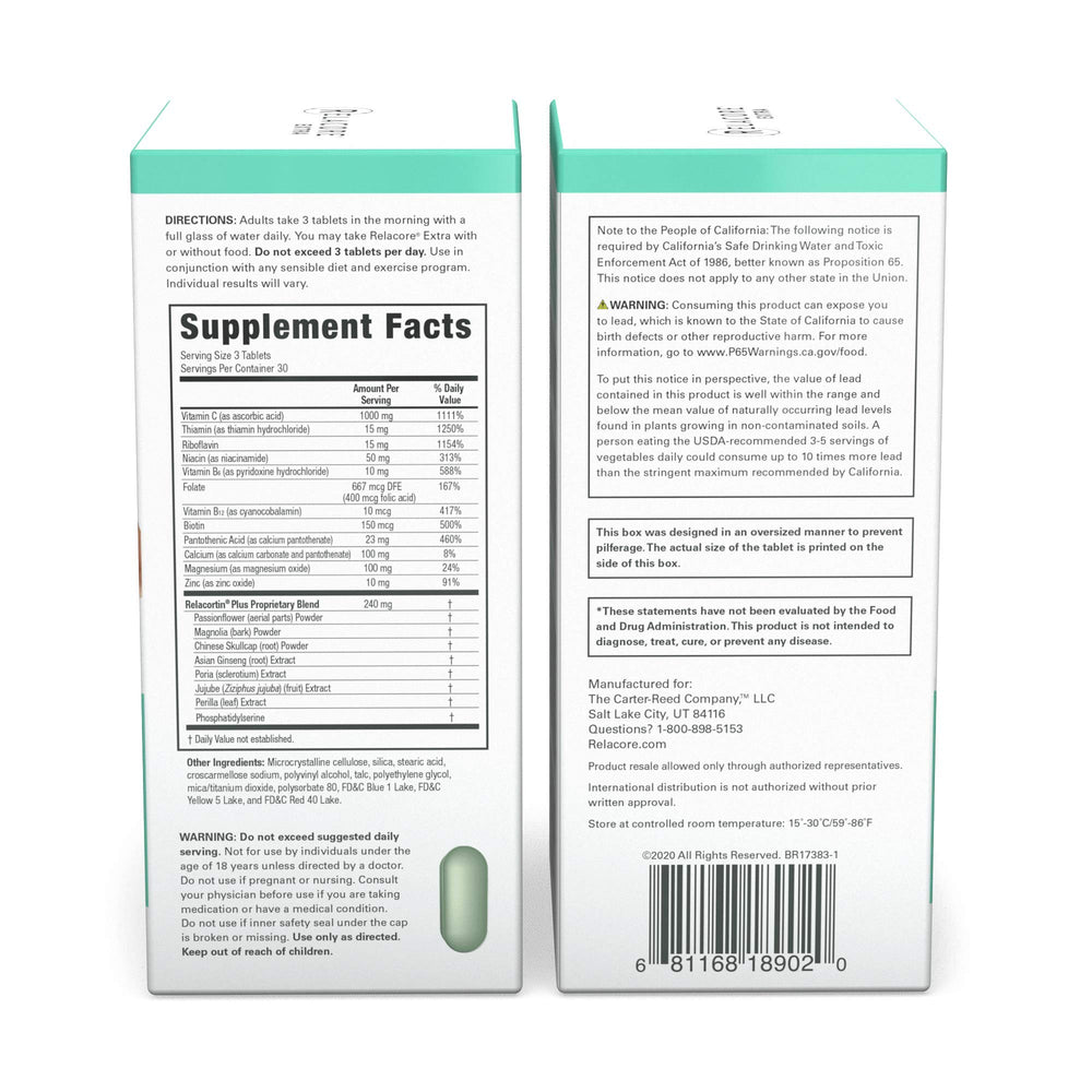 Relacore Extra label detail, featuring immune support and mood balance ingredients.