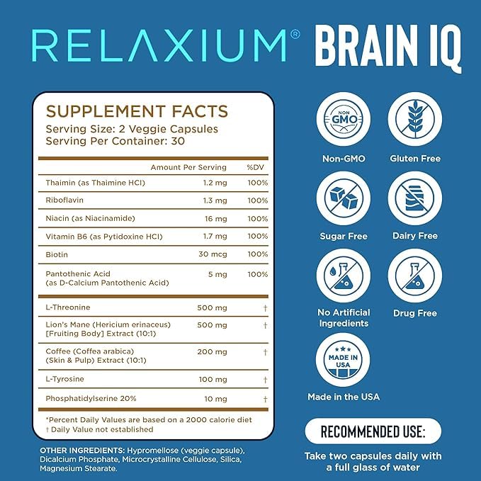 Relaxium BrainIQ bottle pour showing convenient daily dosing for focus.