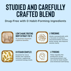 Relaxium BrainIQ ingredients with Lion's Mane for cognitive support visuals.