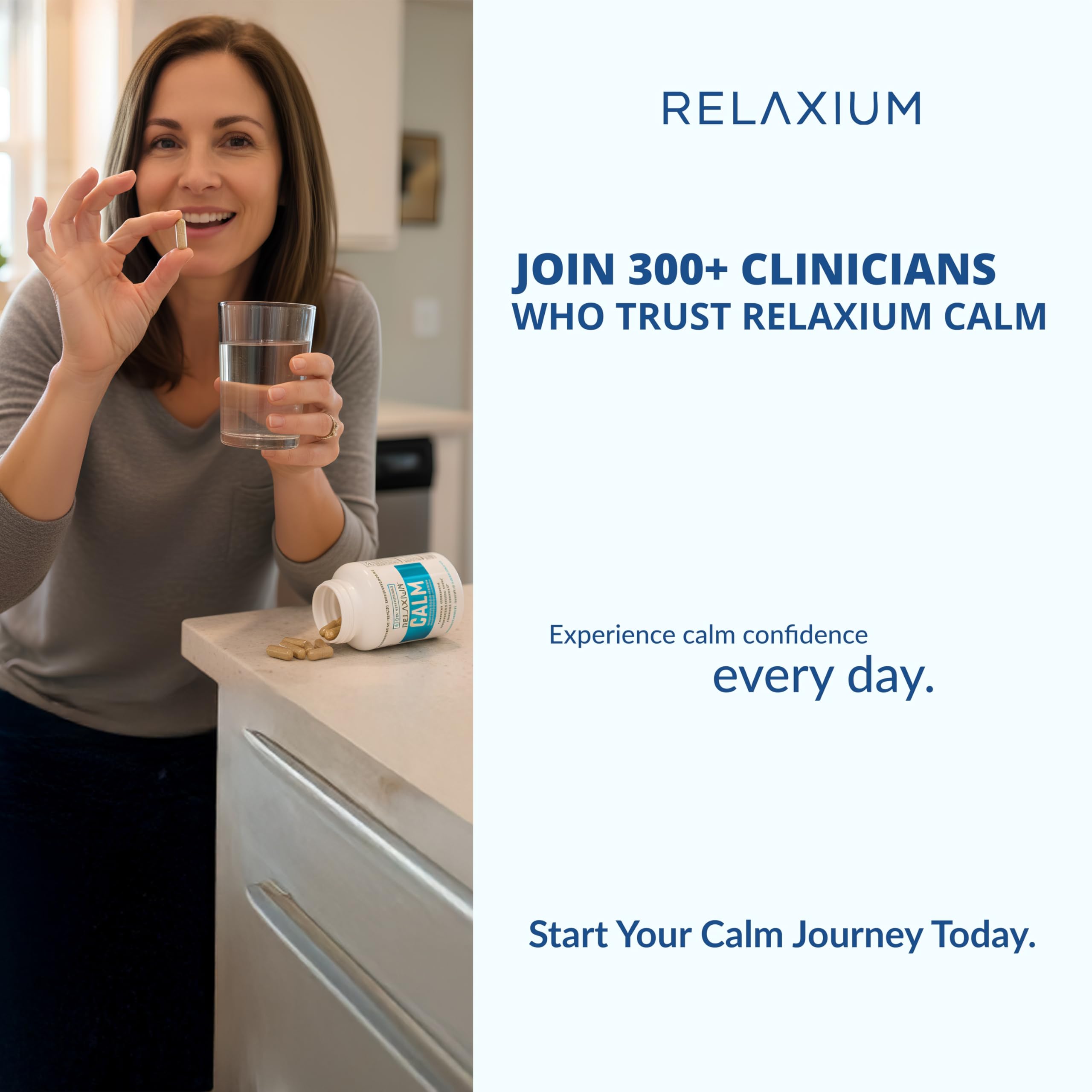 Relaxium Calm bottle on a desk for daily stress and mood support routine.