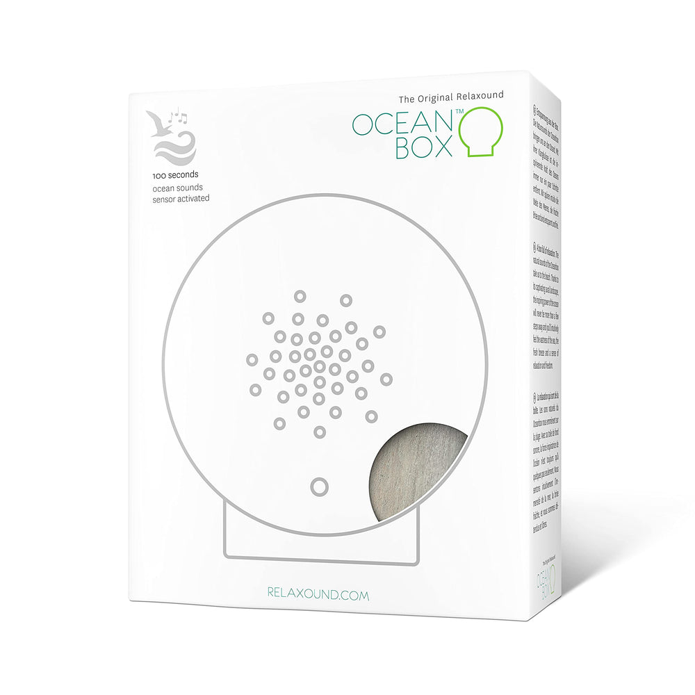 RELAXOUND Oceanbox Vintage close-up showing wooden finish and vibrant design.