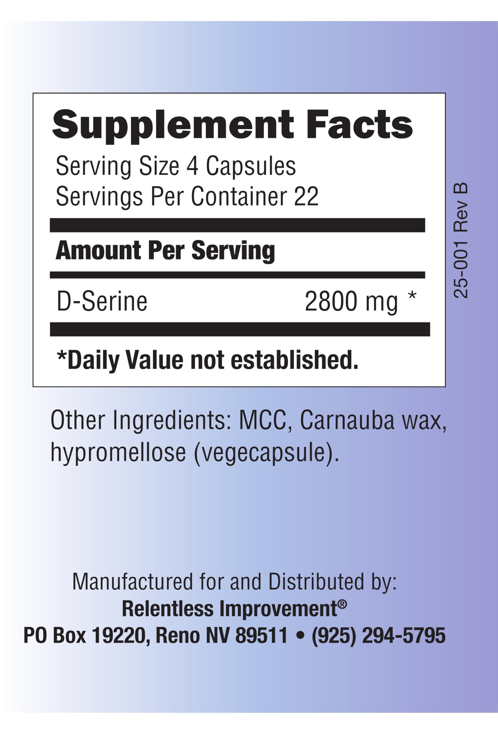 Relentless Improvement D-Serine bottle on shelf highlighting vegan, animal-free content.