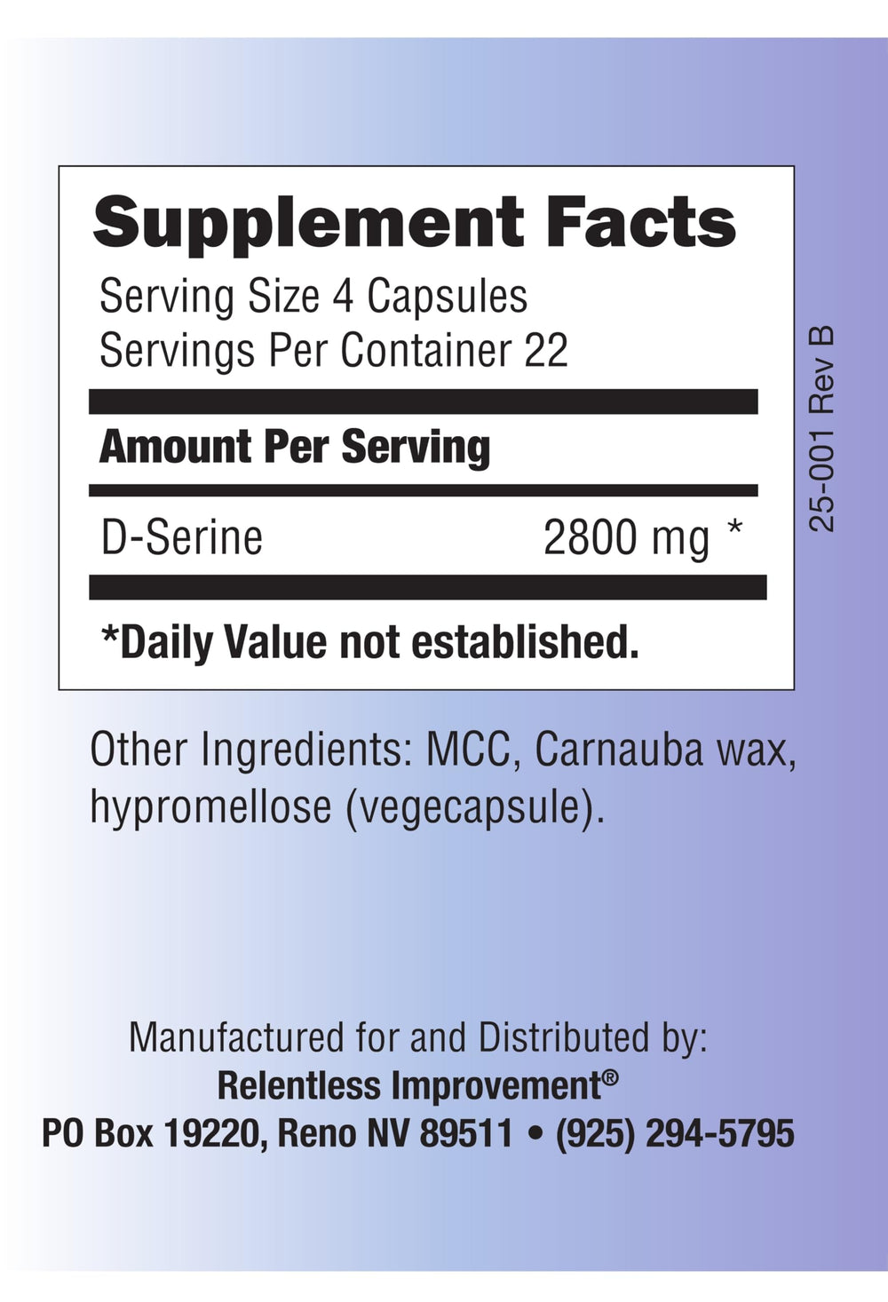 Relentless Improvement D-Serine bottle on shelf highlighting vegan, animal-free content.