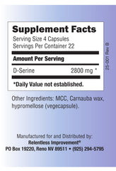 Relentless Improvement D-Serine bottle on shelf highlighting vegan, animal-free content.