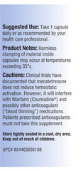 Relentless Improvement K2MK4 bottle label showing vegan, soy-free formulation.