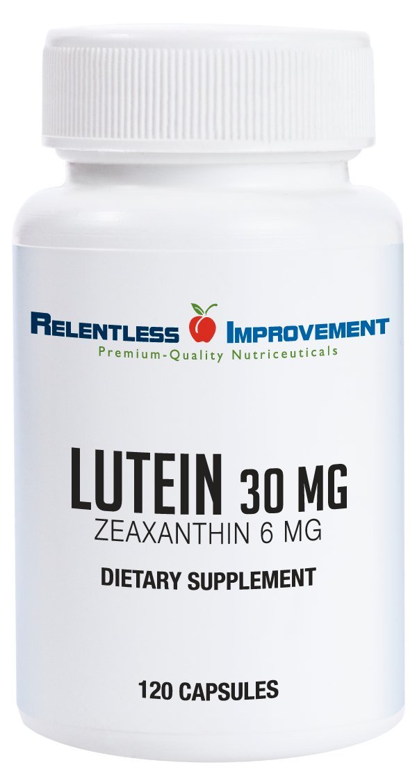 Relentless Improvement lutein bottle shows high potency eye support formula.