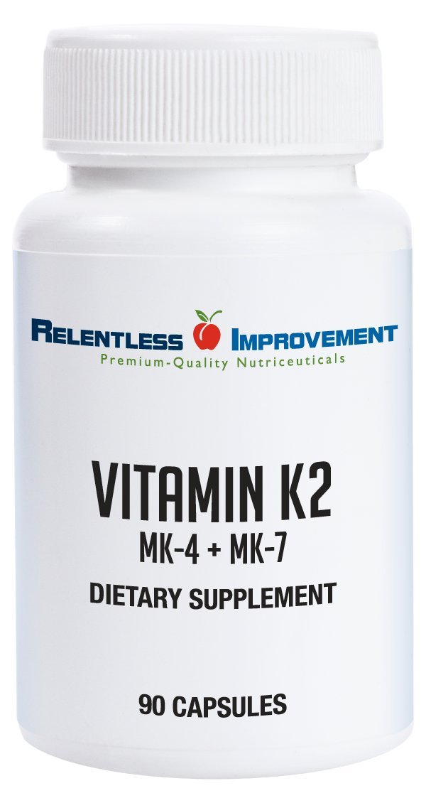 Relentless Improvement Vitamin K2 bottle shows MK-4 and MK-7 capsules for daily bone-support potential