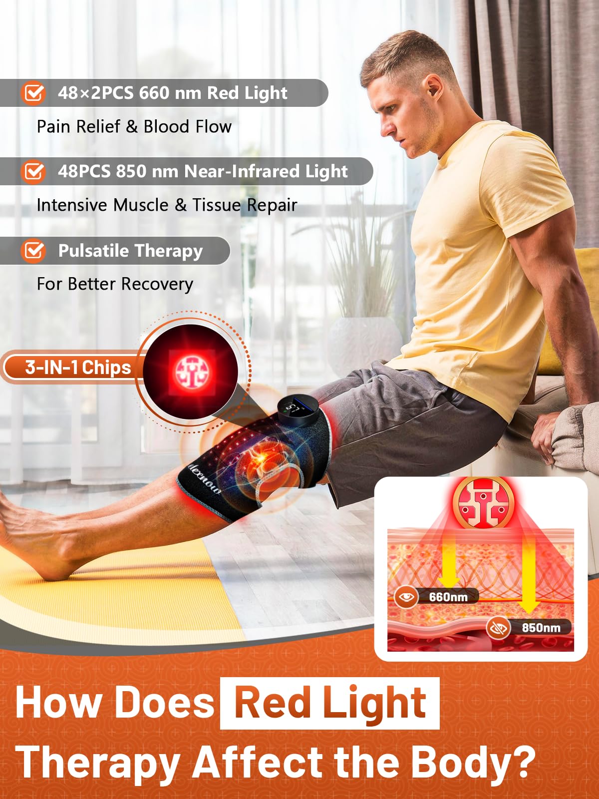 RELEXNOW cordless knee brace with built-in battery for unrestricted wear