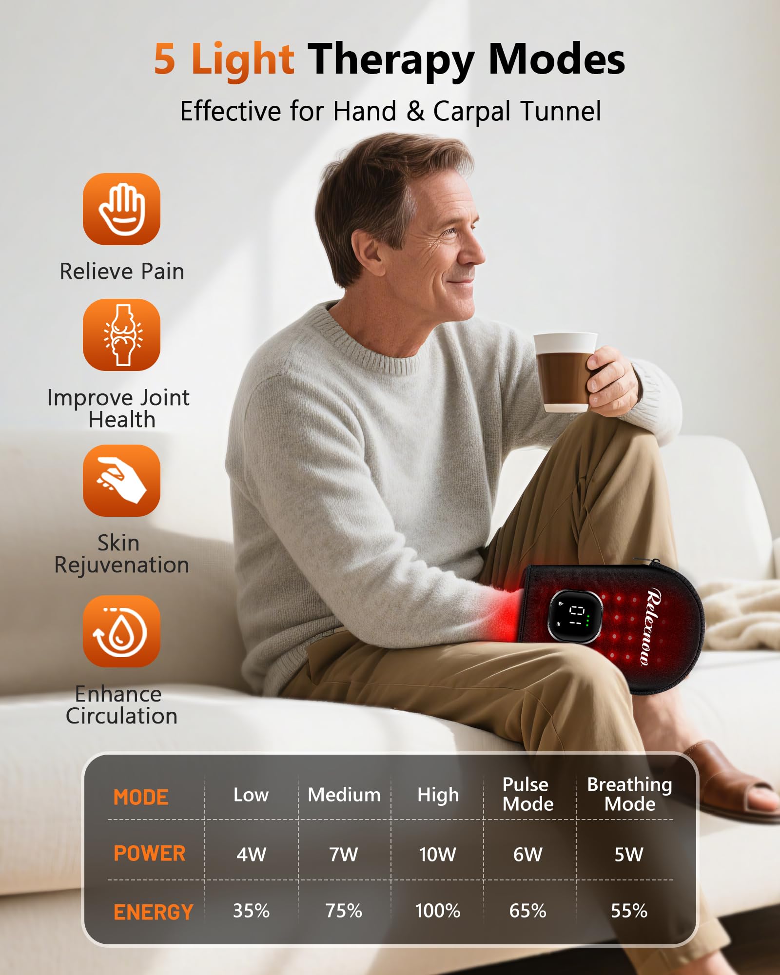 RELEXNOW cordless red light glove inside view highlights dual-sided bead setup