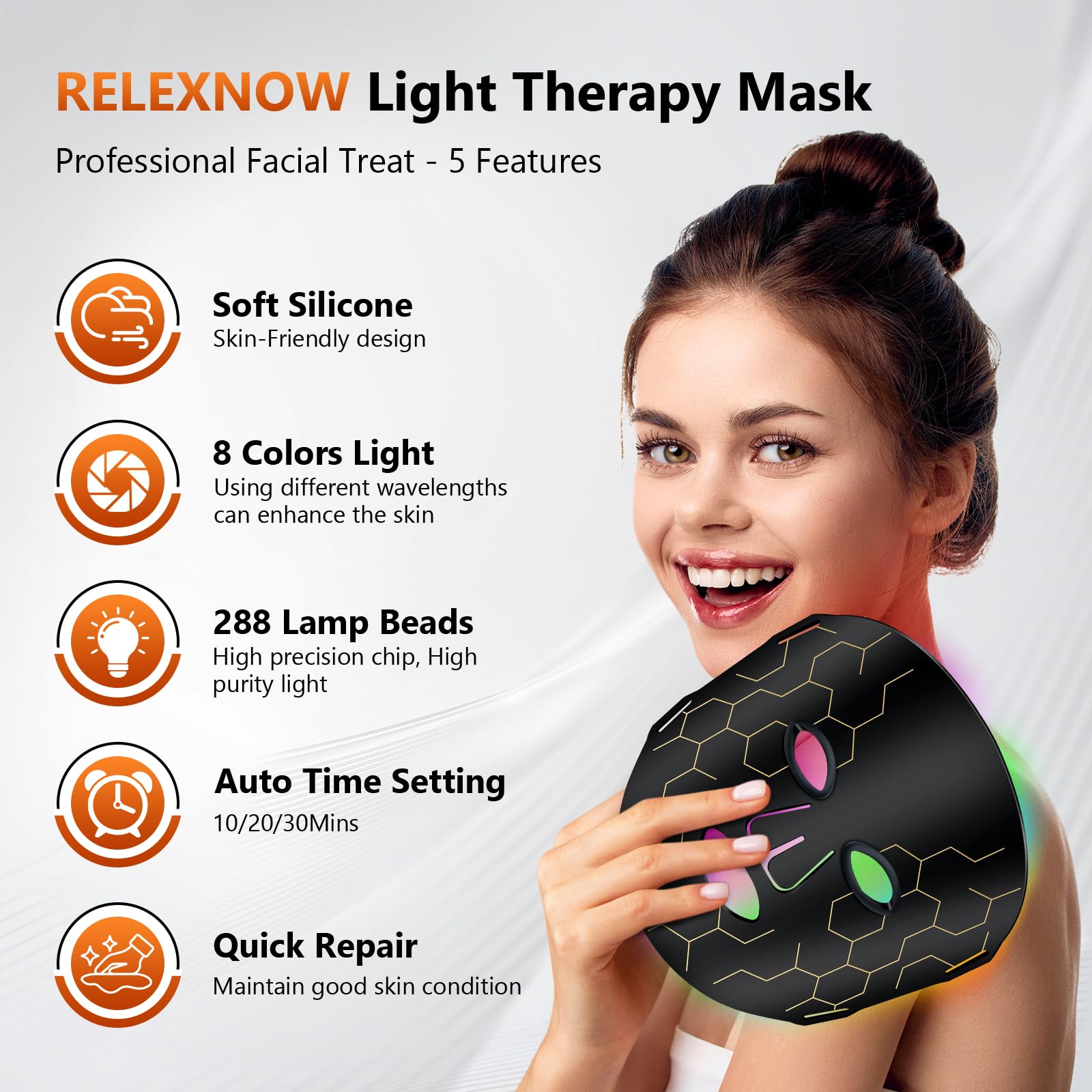 RELEXNOW face mask highlighting red light at 630nm for potential glow.