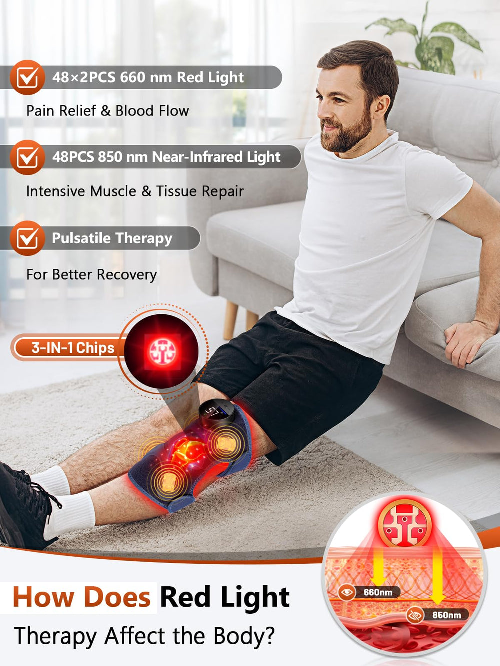 RELEXNOW red-light 660nm 850nm therapy image suggests skin benefits and muscle support.
