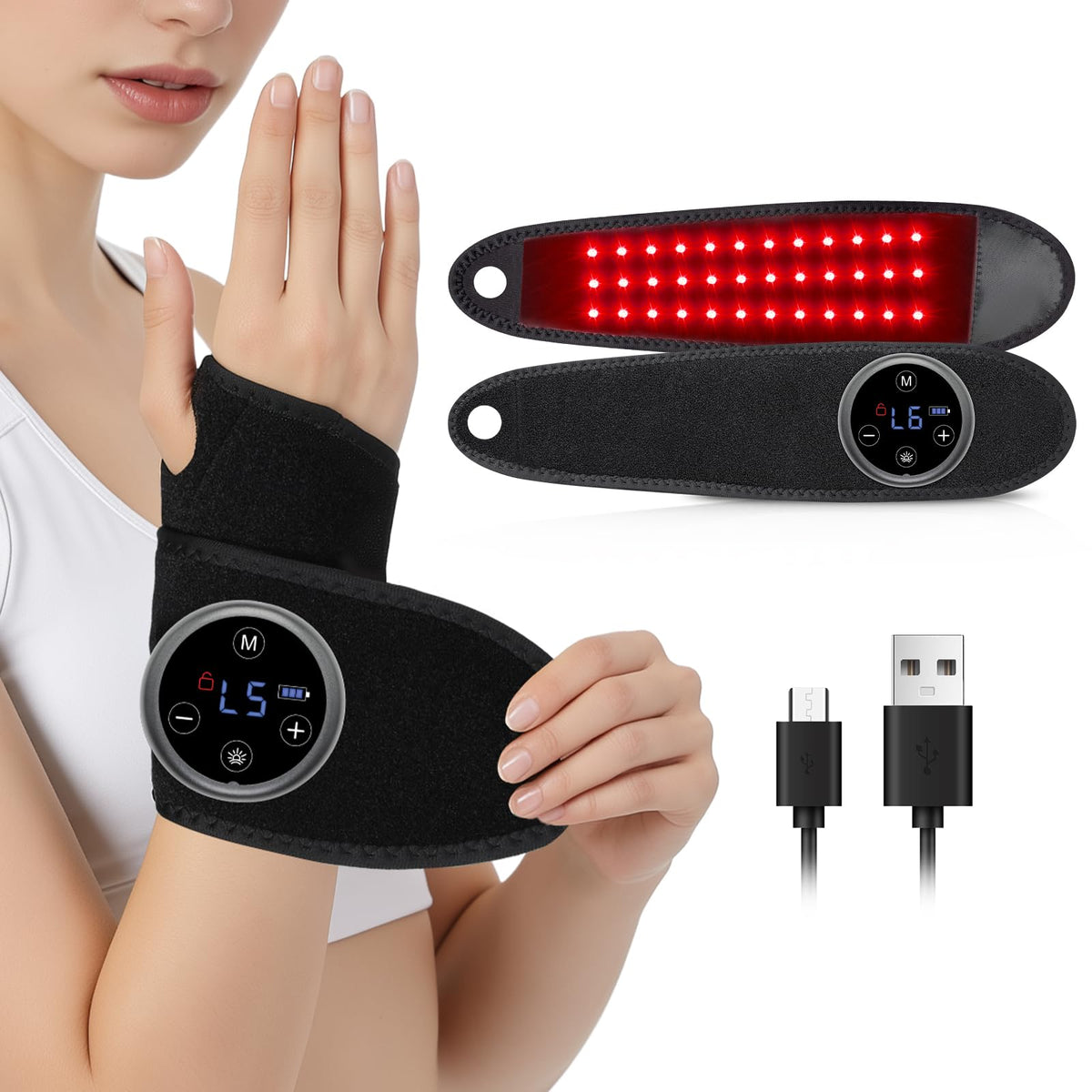 RELEXNOW red and near-infrared wrist wrap lights for muscle comfort and circulation.