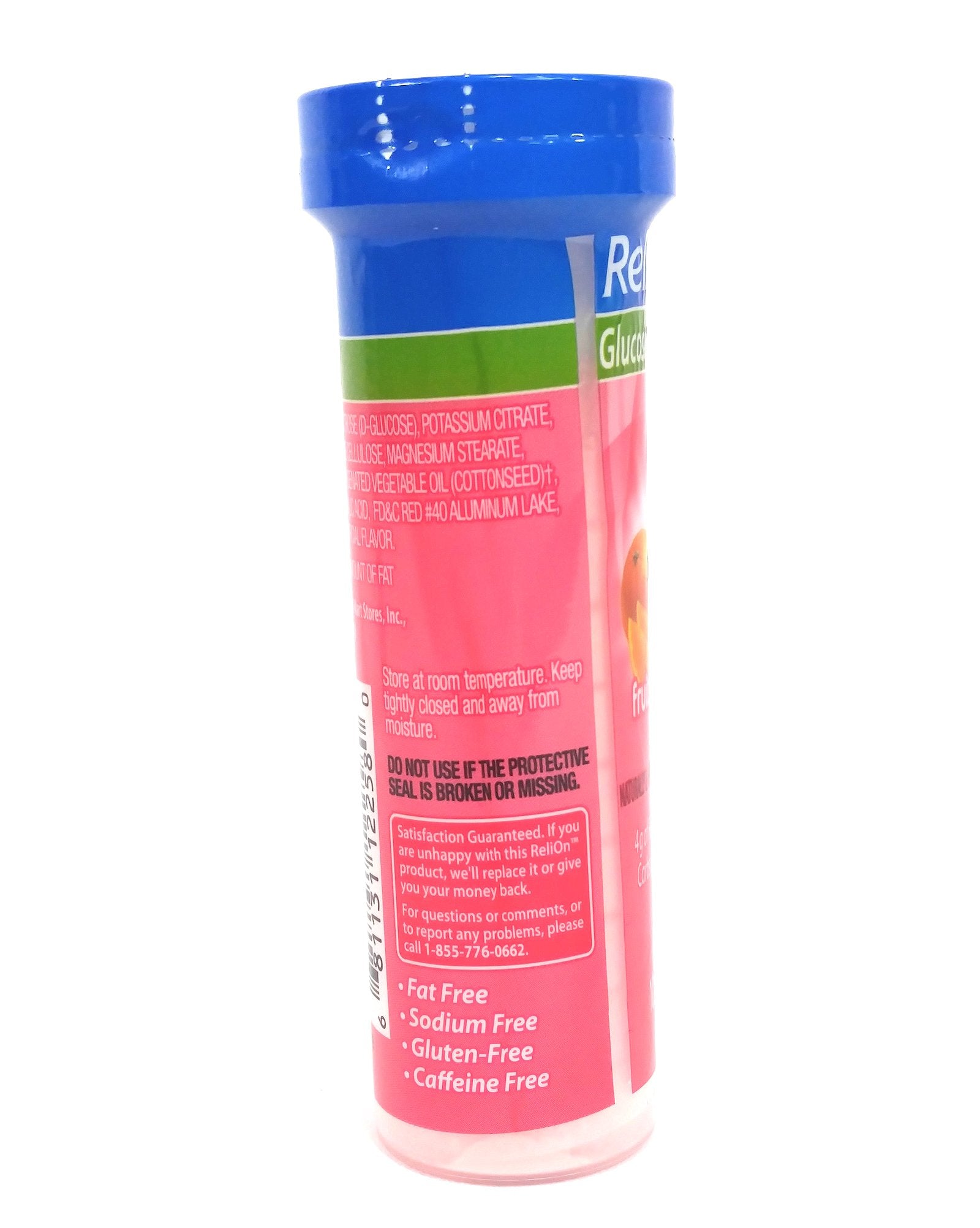 ReliOn glucose tablets in fruity packaging for convenient travel use.