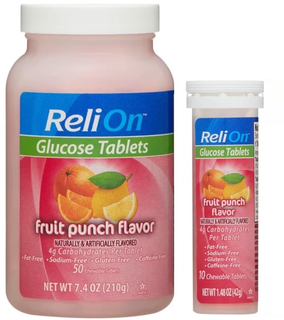 ReliOn Glucose bottle with 50 tablets, a convenient energy boost for on-the-go days.