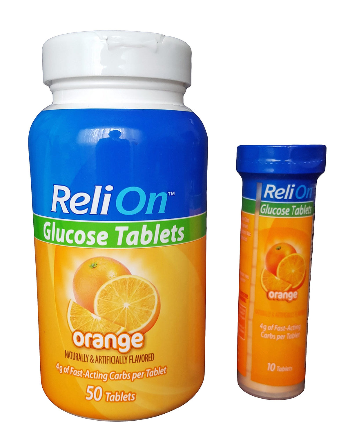 Reli On Glucose bottle showing 50 tablets for quick energy support on the go.