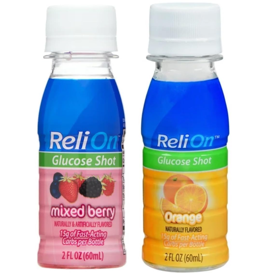 Reli On glucose shot orange bottle - portable energy for active days.