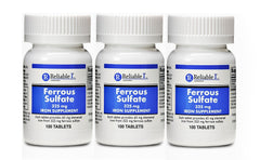 Reliable-1 Ferrous Sulfate iron tablets bottle front for daily iron support.