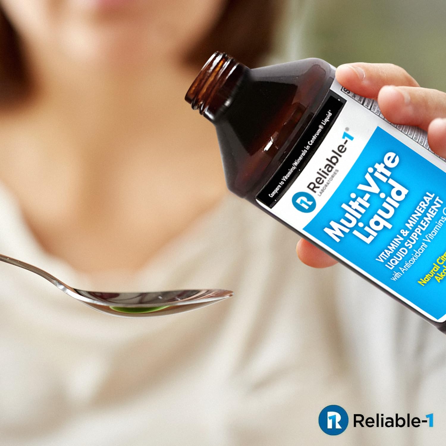 Reliable-1 Multi-Vite label close-up showing 17 essential vitamins