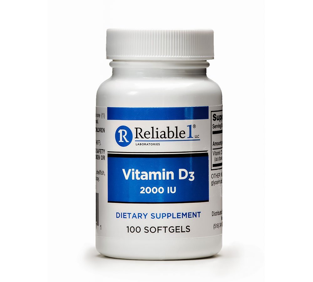 Reliable 1 Laboratories Vitamin D3 softgels bottle promotes daily bone and immune support.