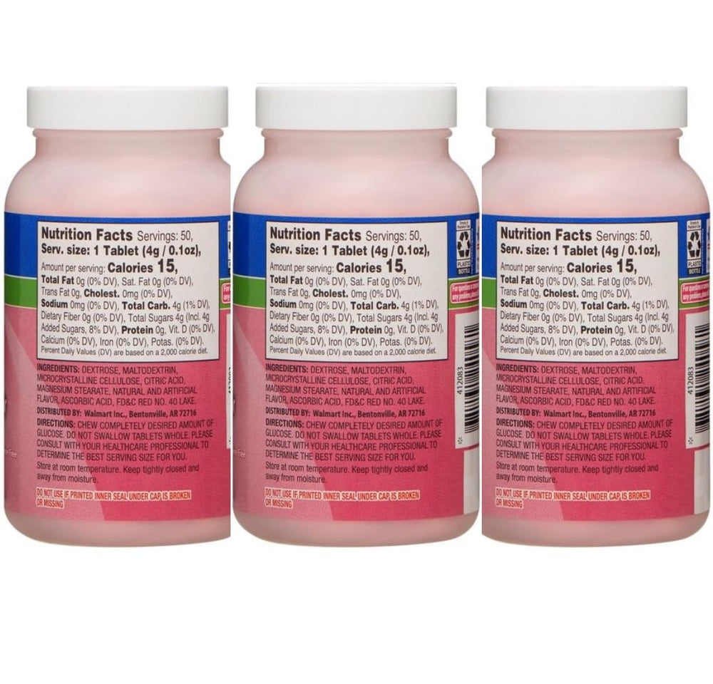 Relion fruit punch glucose tablets close-up, portable bottle for quick use