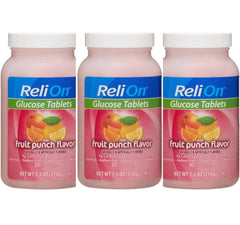 Relion glucose tablets fruit punch three-pack bottles, ideal for on-the-go energy