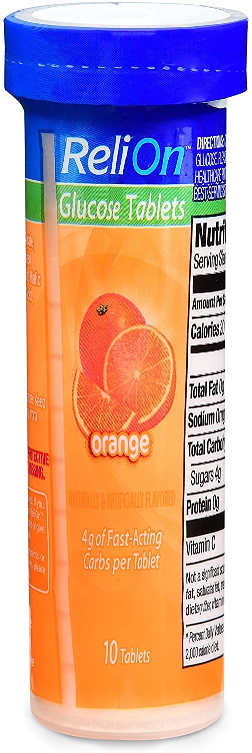 Relion glucose tablets fruit punch packaging delivers fast energy and refreshment.