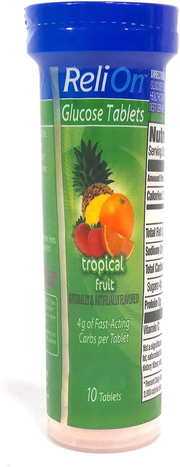 Relion glucose tablets tropical tubes offer flavored energy during workouts.