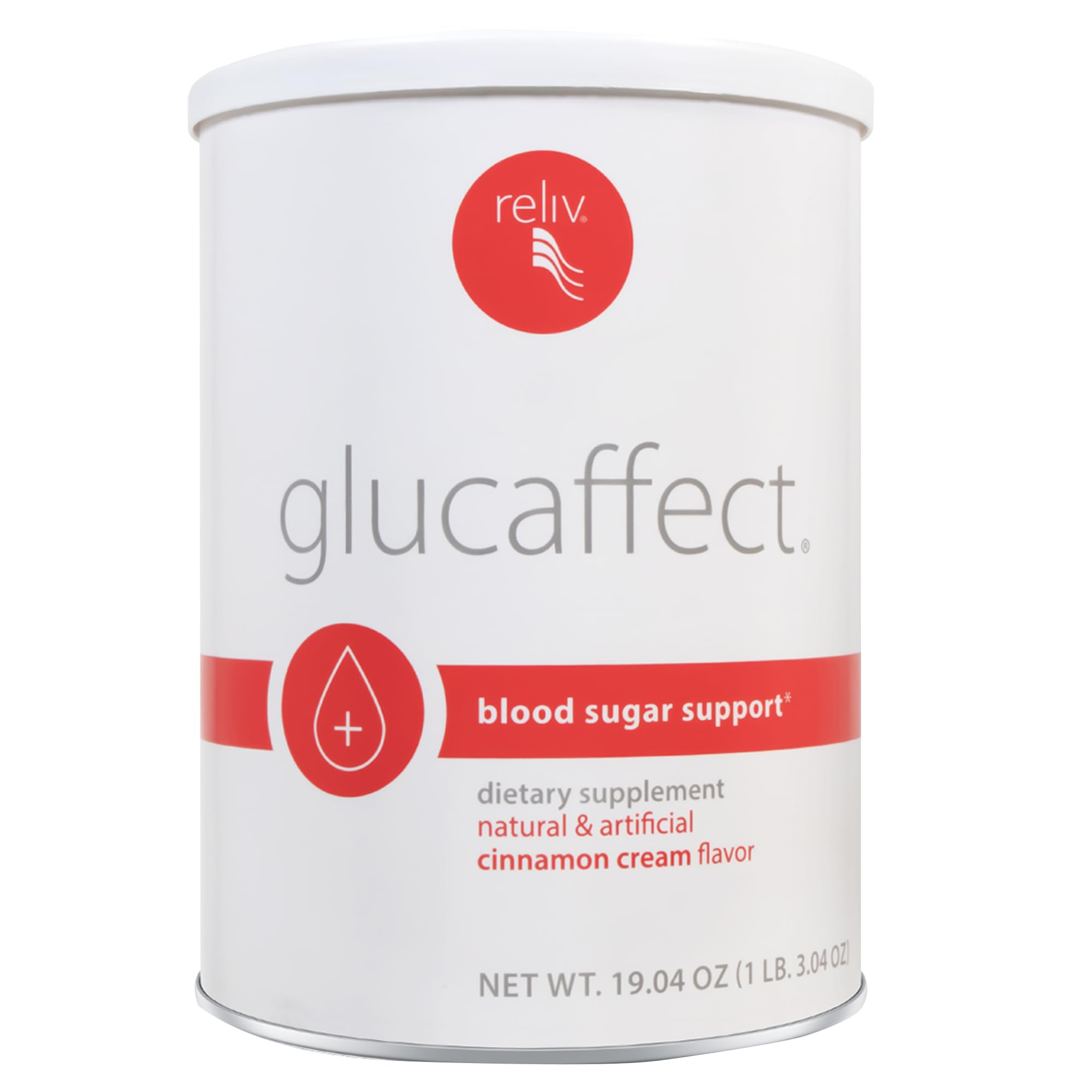 RELIV GlucAffect bottle pour showing easy daily dosing for balanced dextrose support.