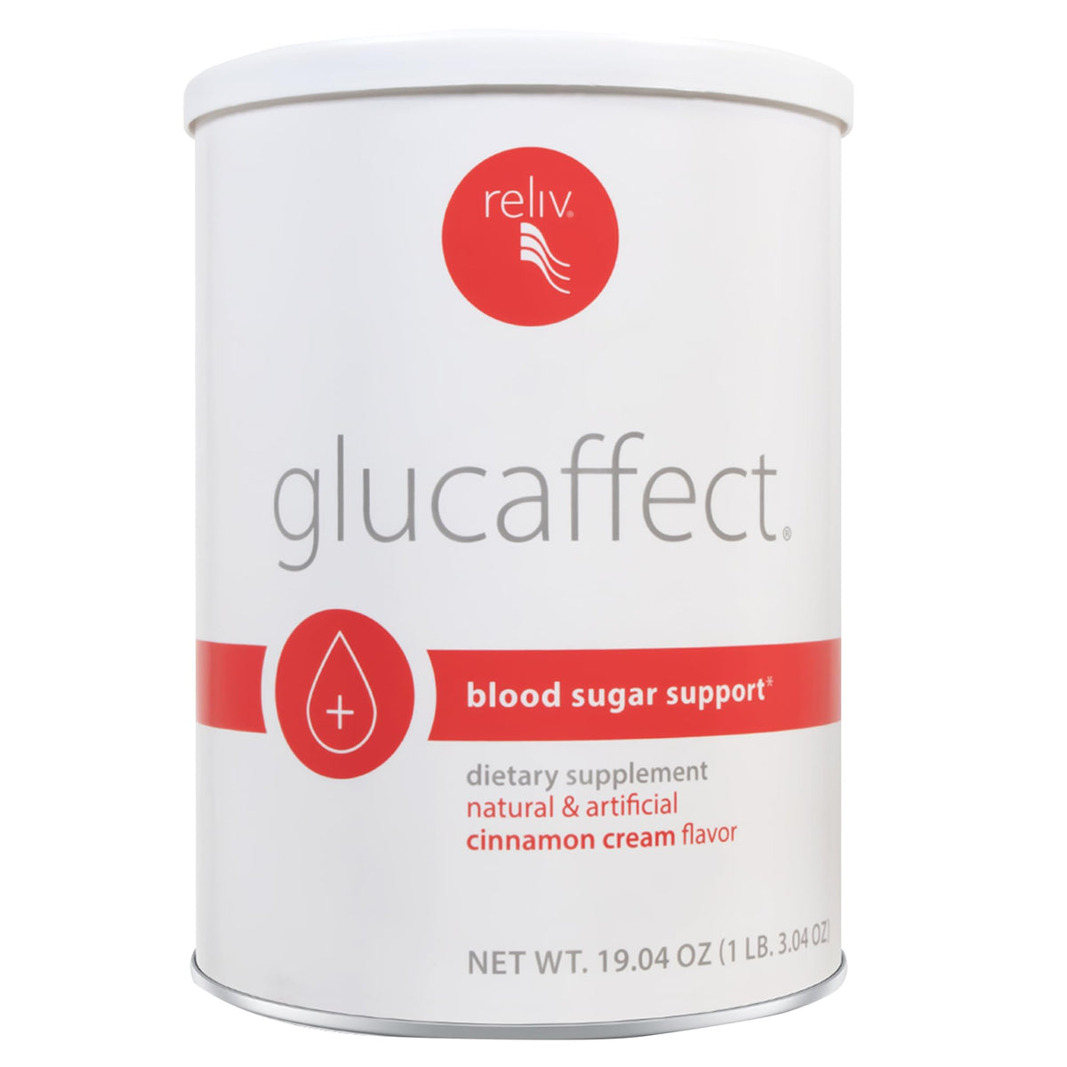 RELIV GlucAffect bottle pour showing easy daily dosing for balanced dextrose support.