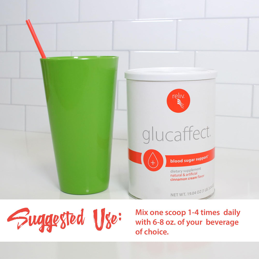 RELIV GlucAffect serving-mix illustrates everyday routines with a nutritious beverage option.
