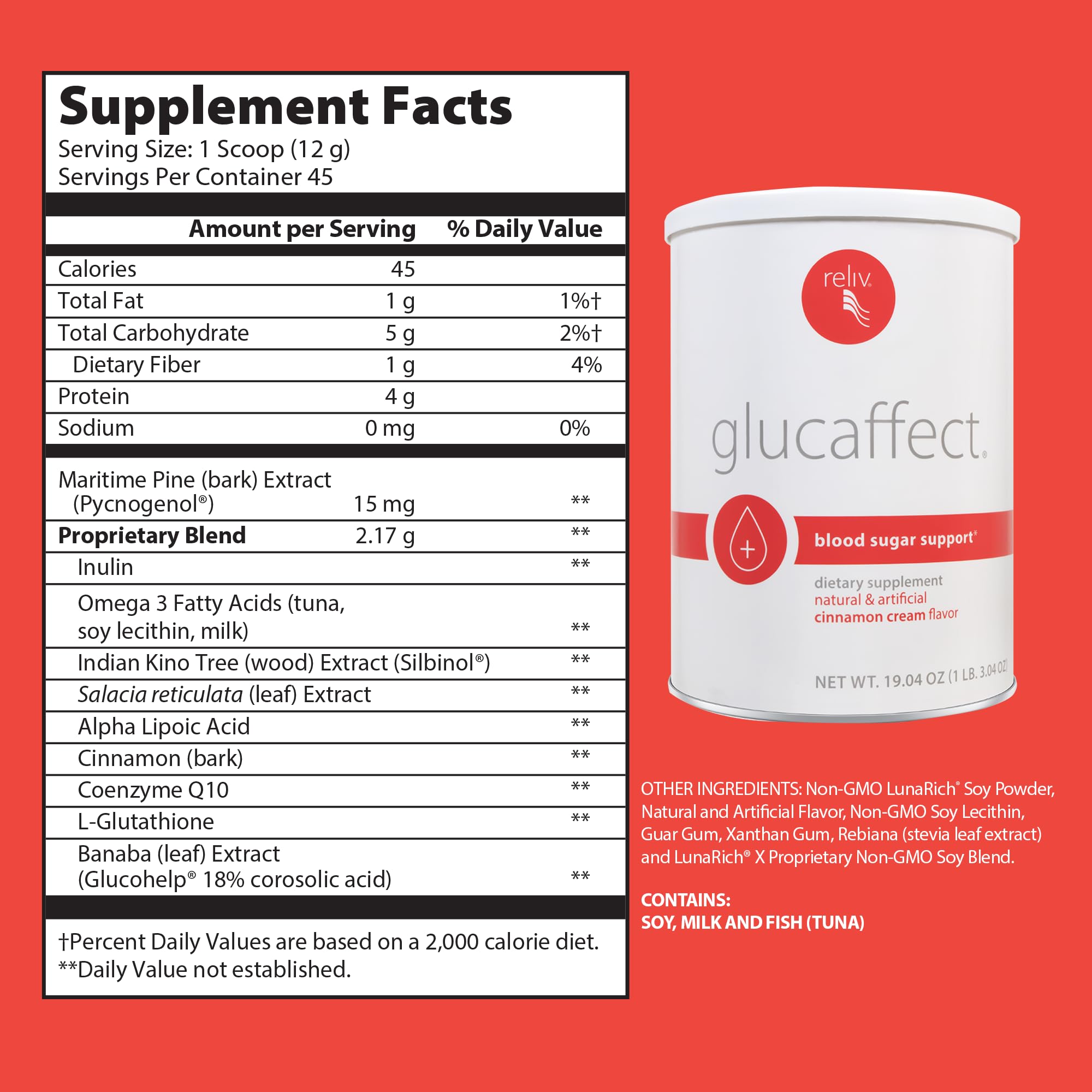 RELIV GlucAffect tub label highlights LunaRich blend ingredients and cinnamon-cream flavor notes.