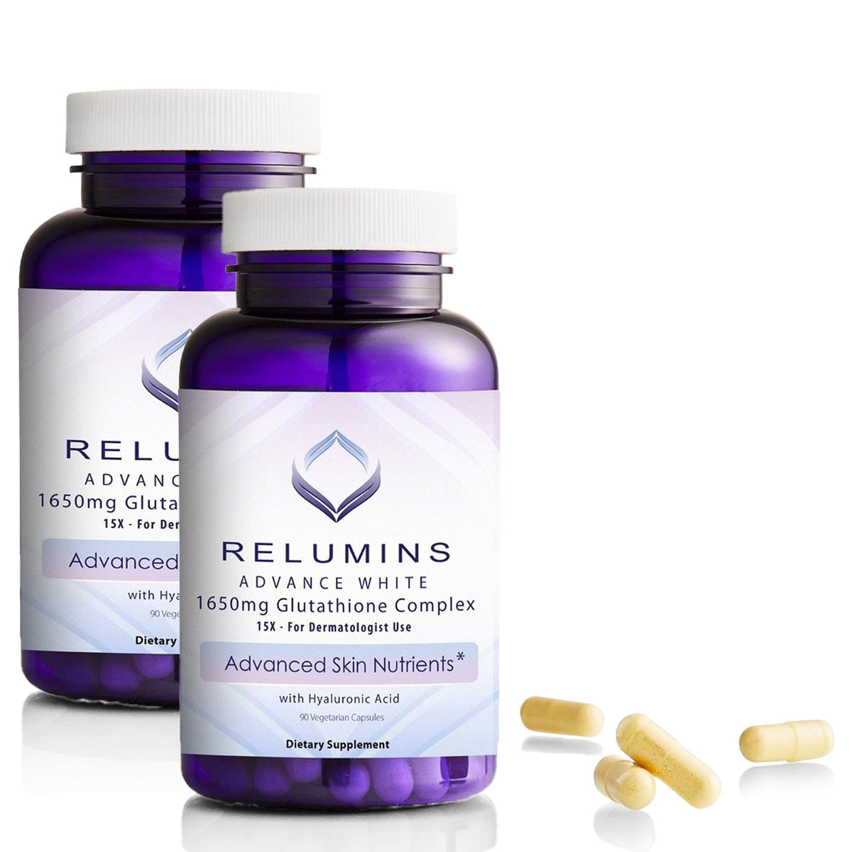 Relumins 1650mg glutathione bottle front for daily antioxidant support