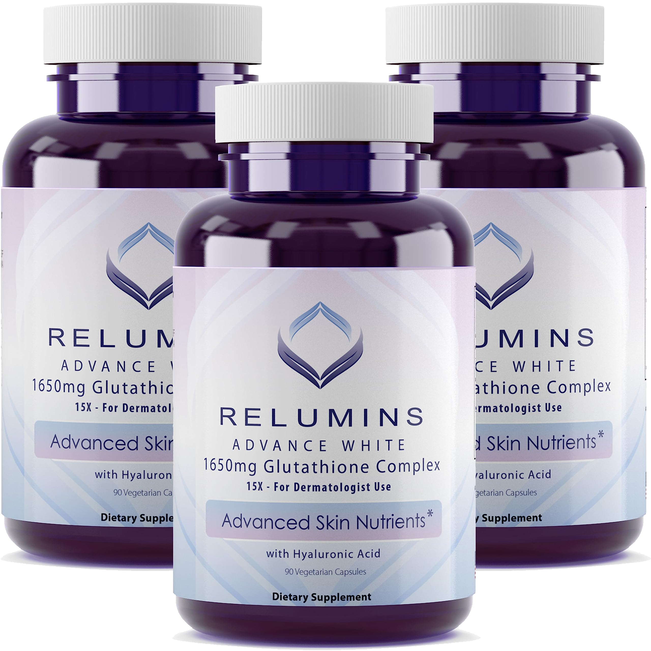Relumins 1650mg Glutathione bottle highlighting hydration and antioxidant support.