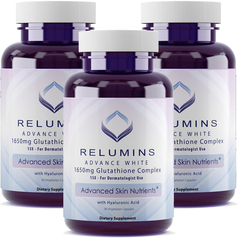 Relumins 1650mg Glutathione bottle highlighting hydration and antioxidant support.