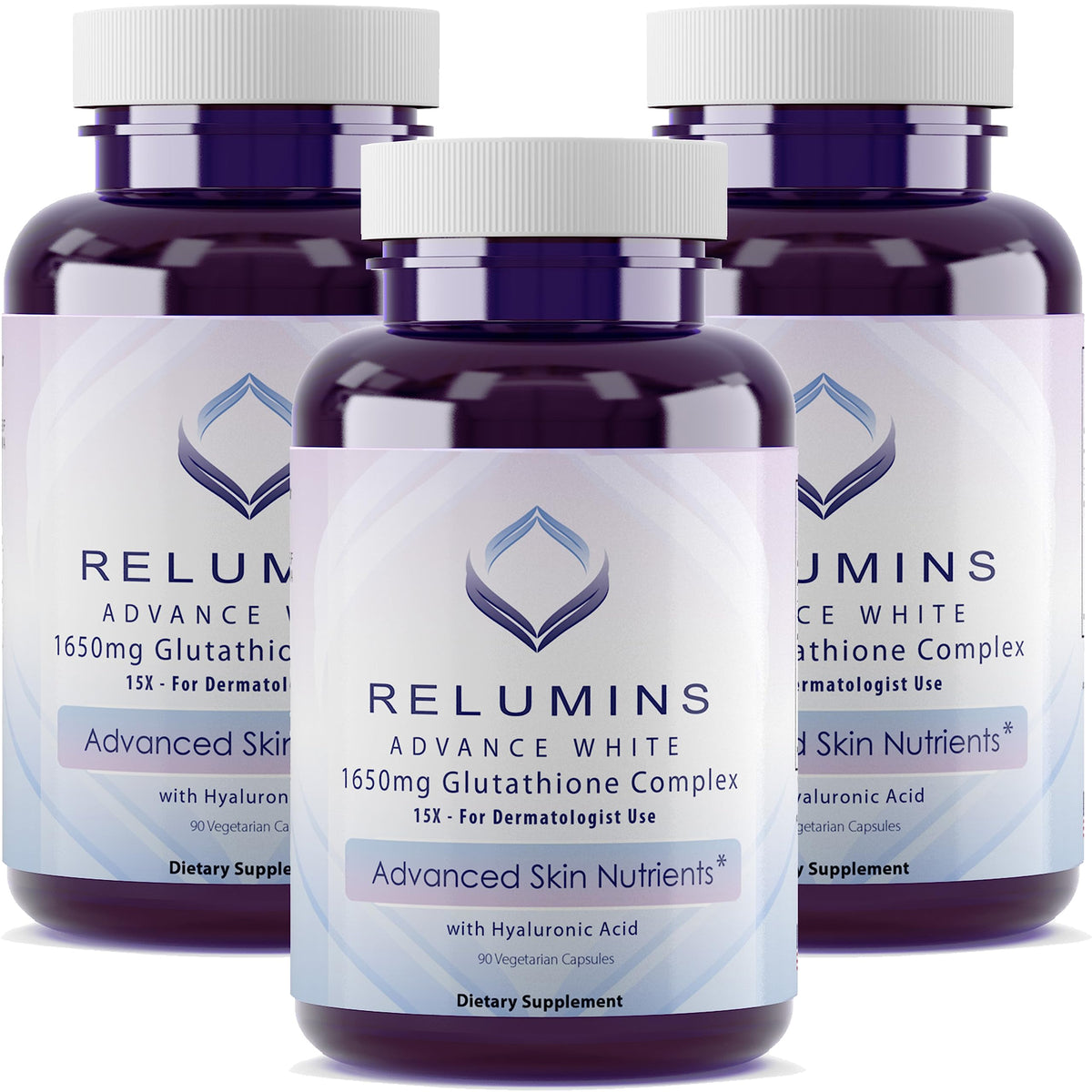 Relumins 1650mg Glutathione bottle highlighting hydration and antioxidant support.
