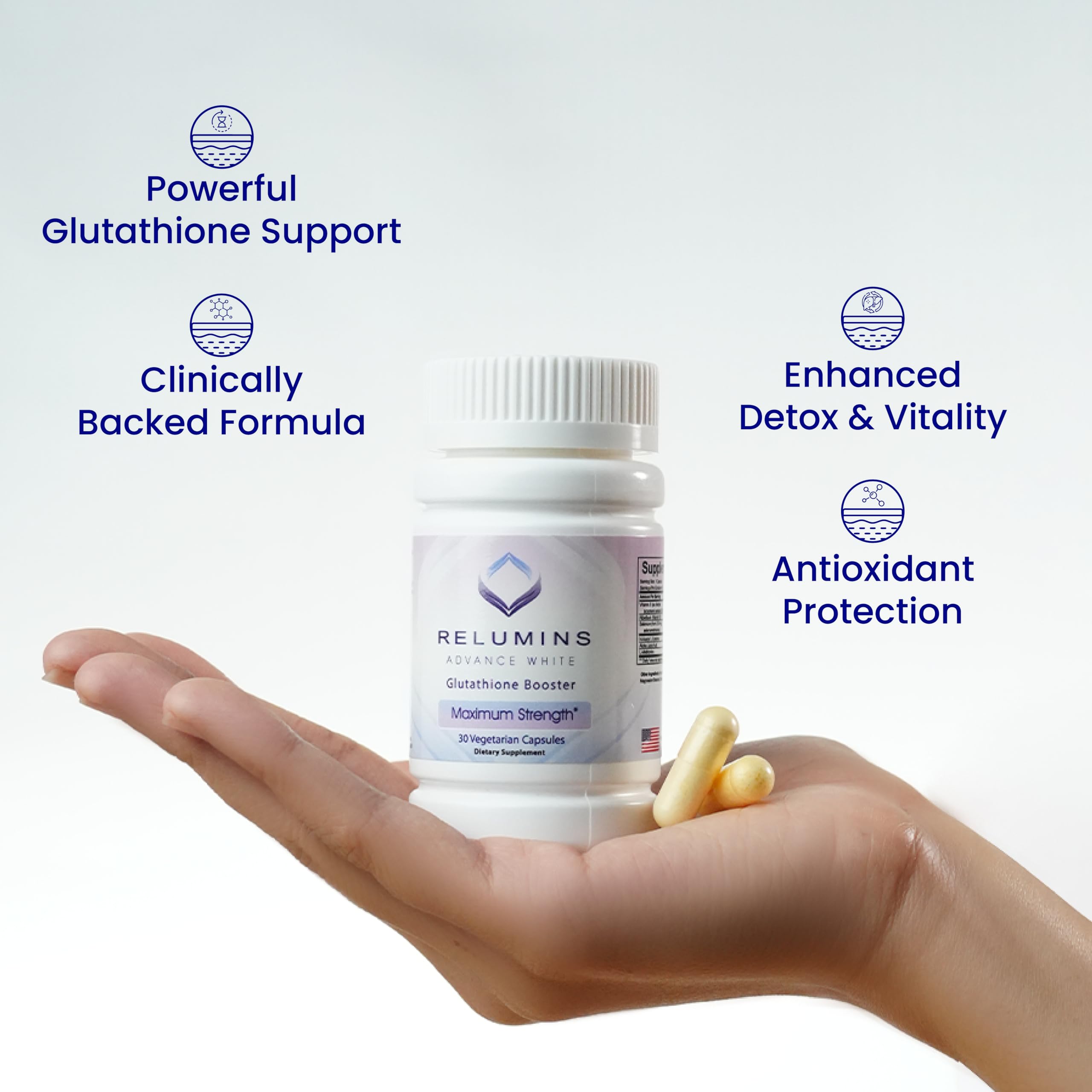 Close-up of Relumins Glutathione Booster capsules for easy daily use