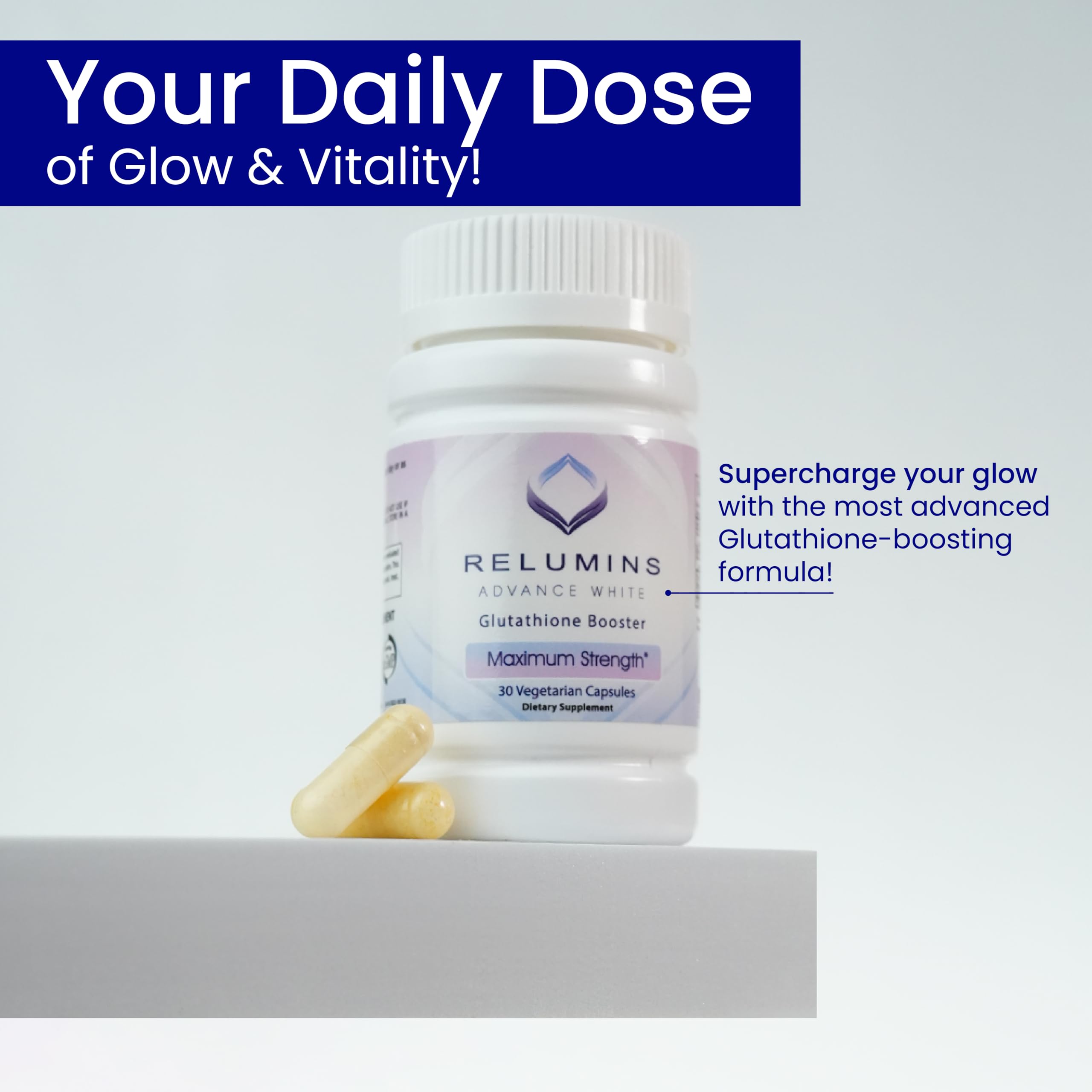Nutrition panel on Relumins Glutathione Booster bottle highlighting vitamins