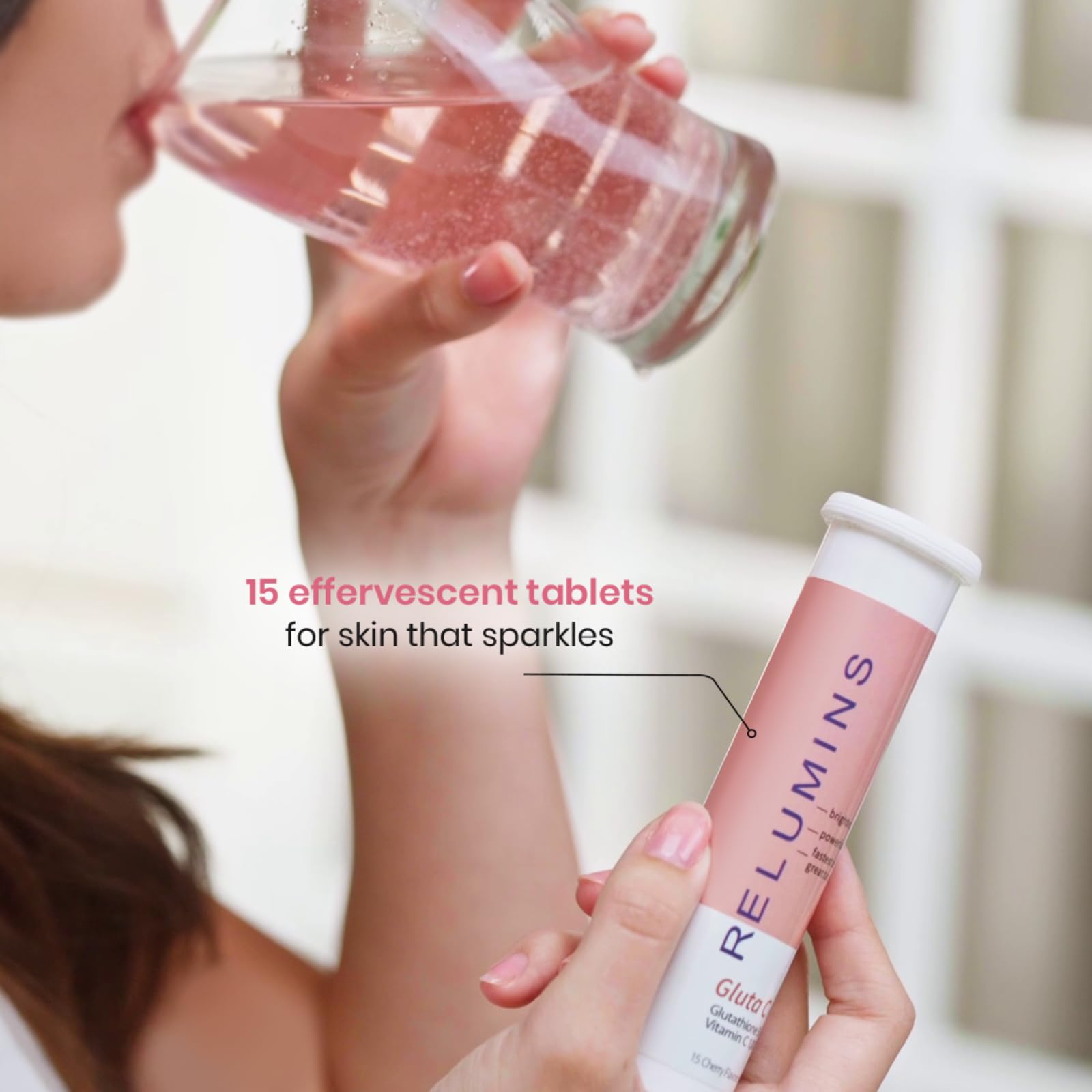 Relumins Gluta C Fizz lid and packaging showing 15-tablet supply for daily routine.