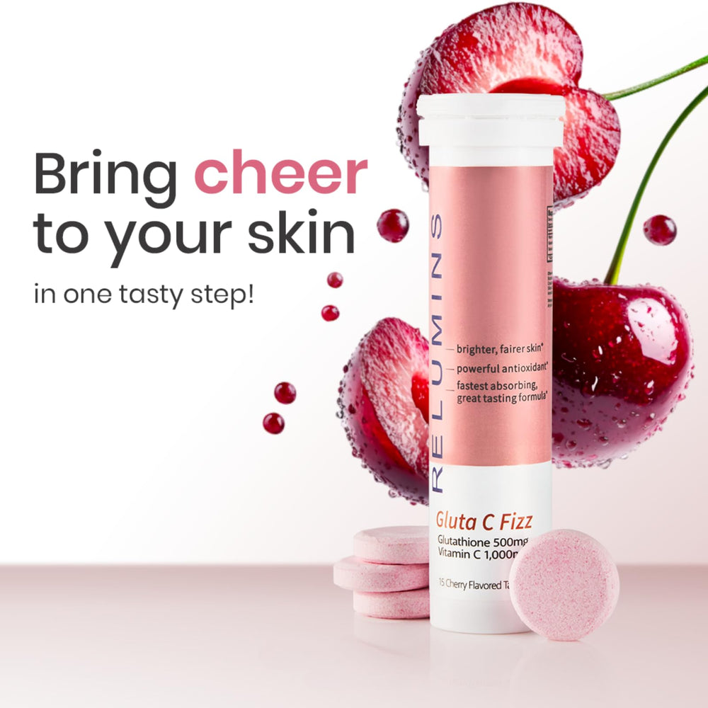 Relumins Gluta C Fizz tablet dissolving in water for fast absorption and easy dosing.