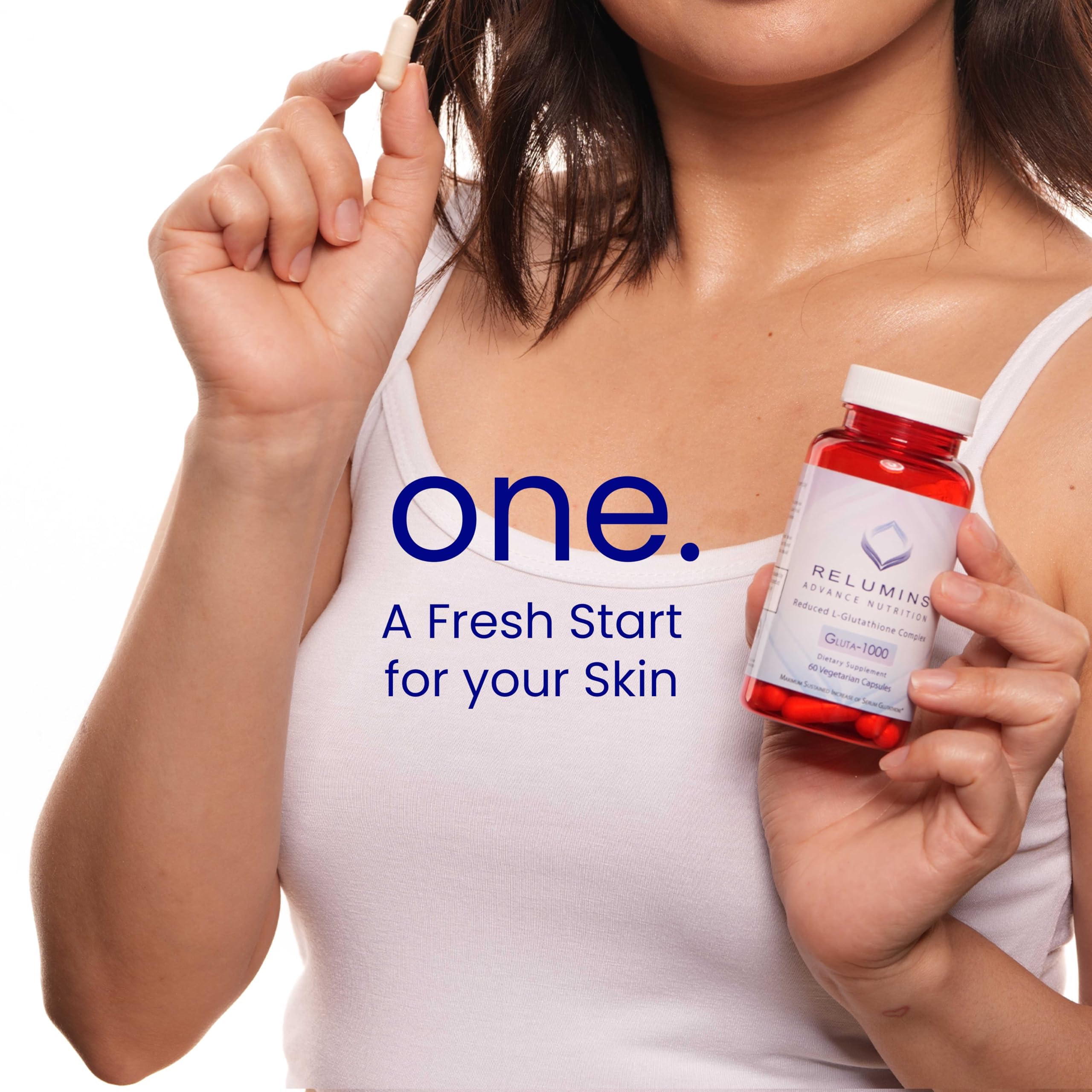 Label details on Relumins Glutathione 1000mg highlighting ingredients and purity