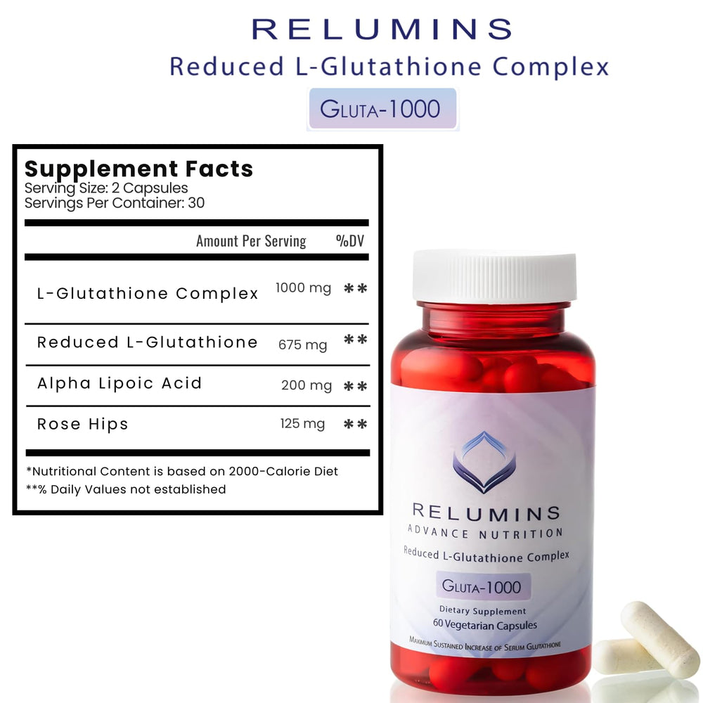 Relumins L-Glutathione label closeup showing vegan and gluten-free icons