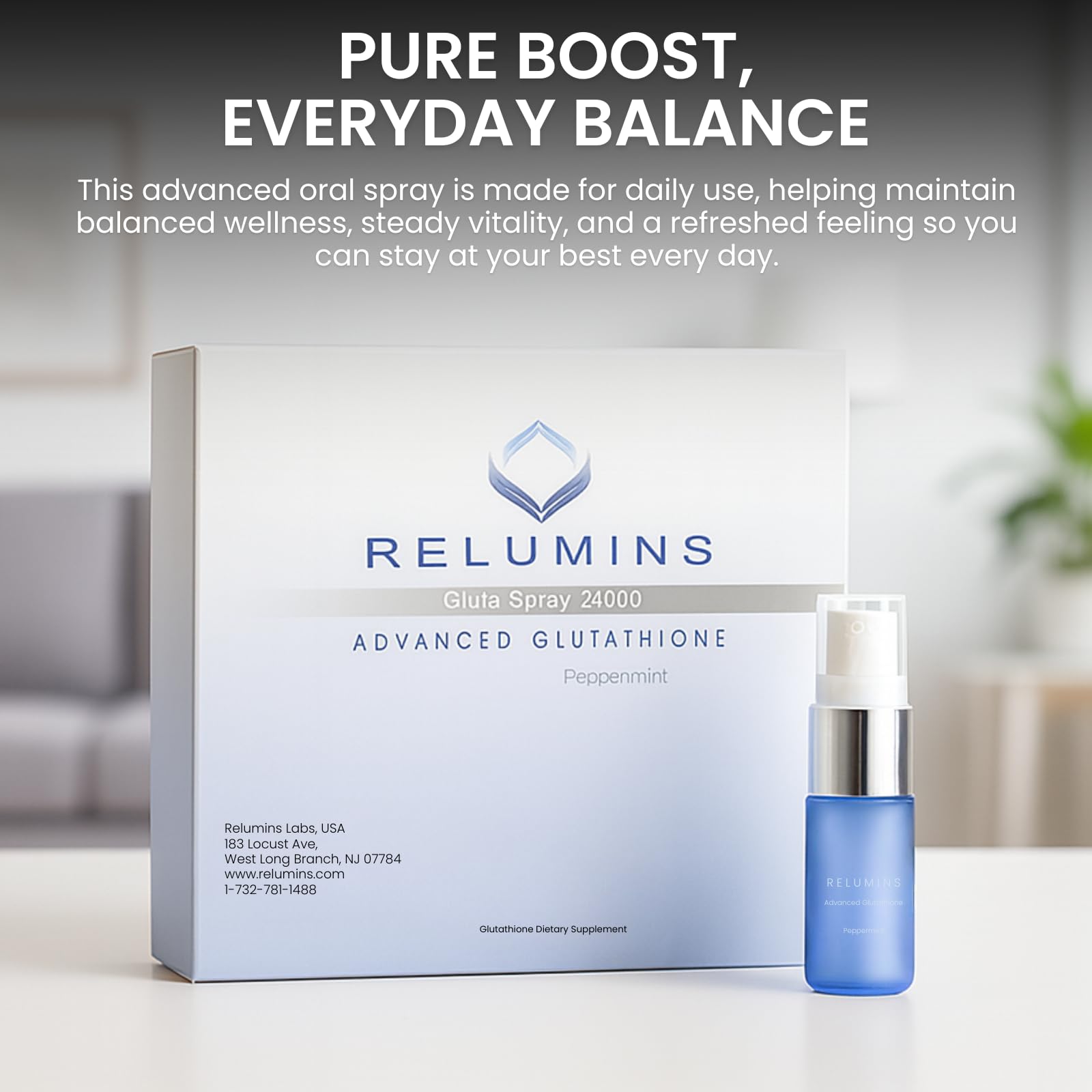 Relumins glutathione spray daily-use vial in hand for easy dosing.